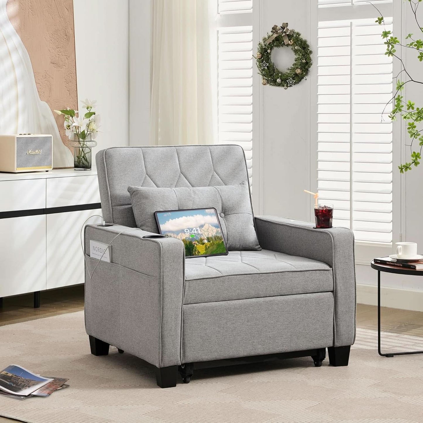 Charcoal Grey Convertible Sleeper Chair With USB Ports