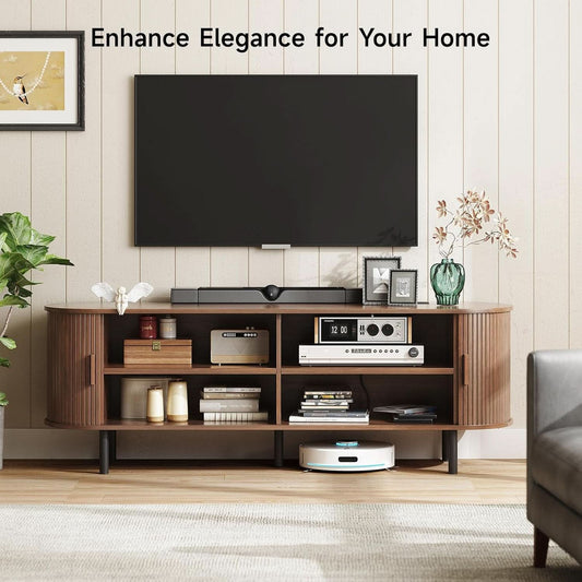 Walnut 63 Inch TV Stand With Entertainment Center Storage