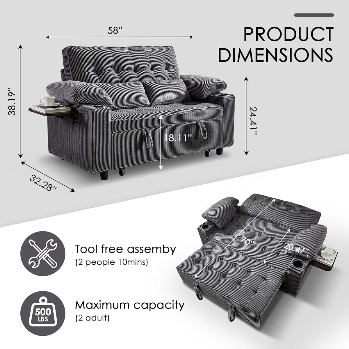 58 In Sleeper Sofa Bed DarkGrey Foldable Side Table Space Saving