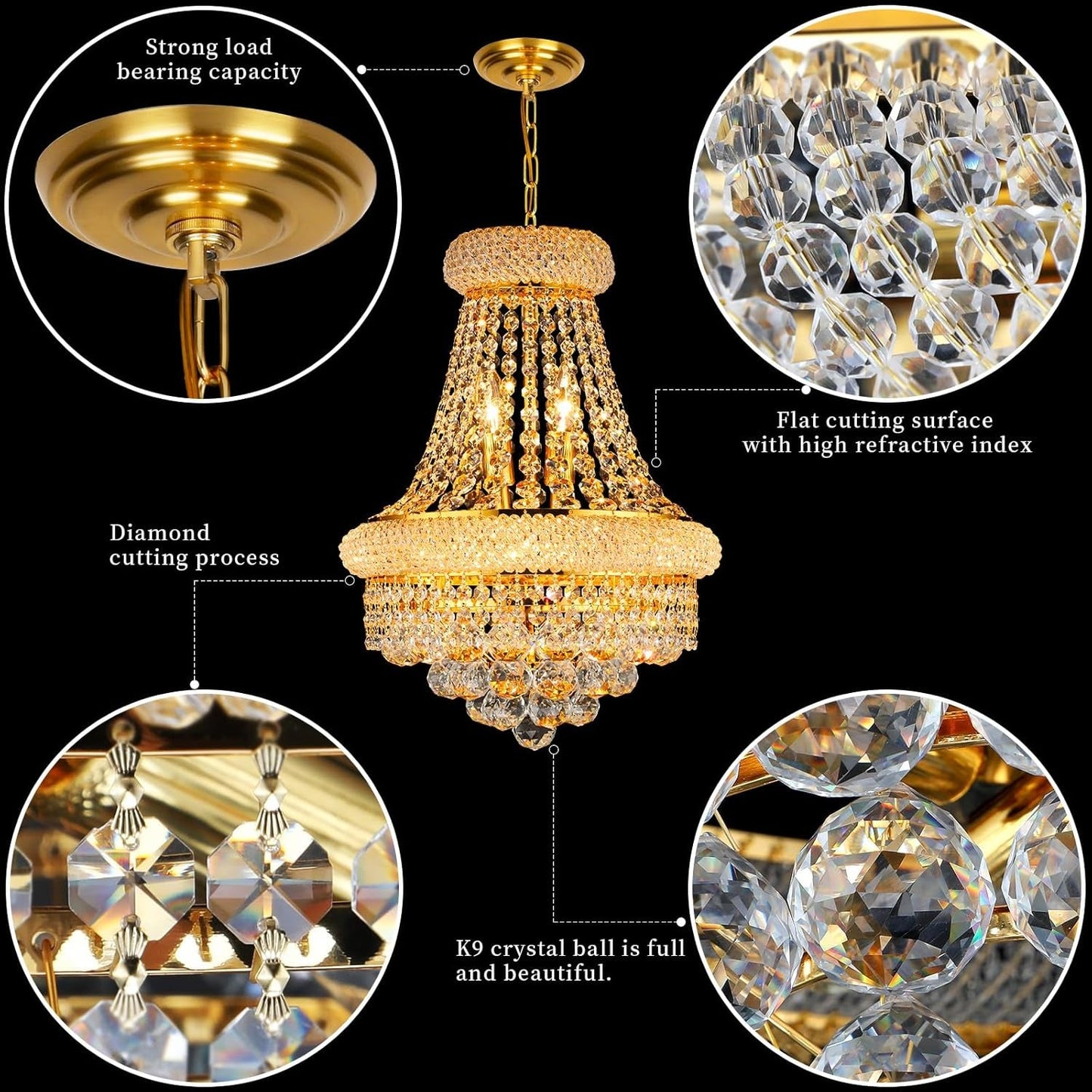Empire Crystal Chandeliers K9 Crystals Gold Finish-4