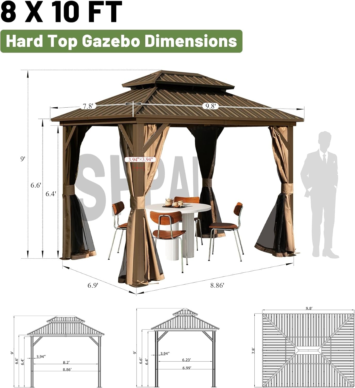 8x10Ft Hardtop Galvanized Steel Patio Gazebo Brown