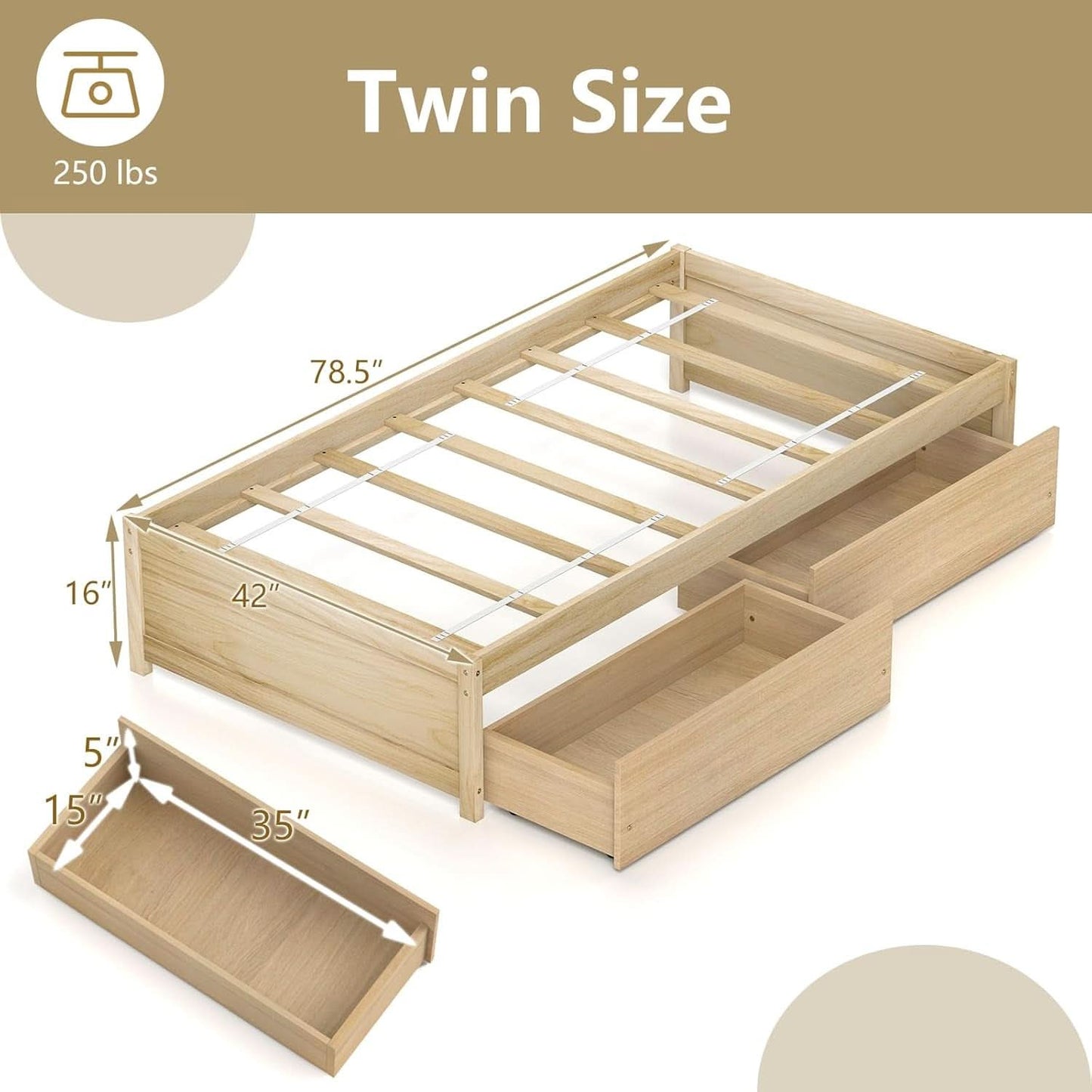 Twin Platform Bed Frame Featuring Integrated Drawers