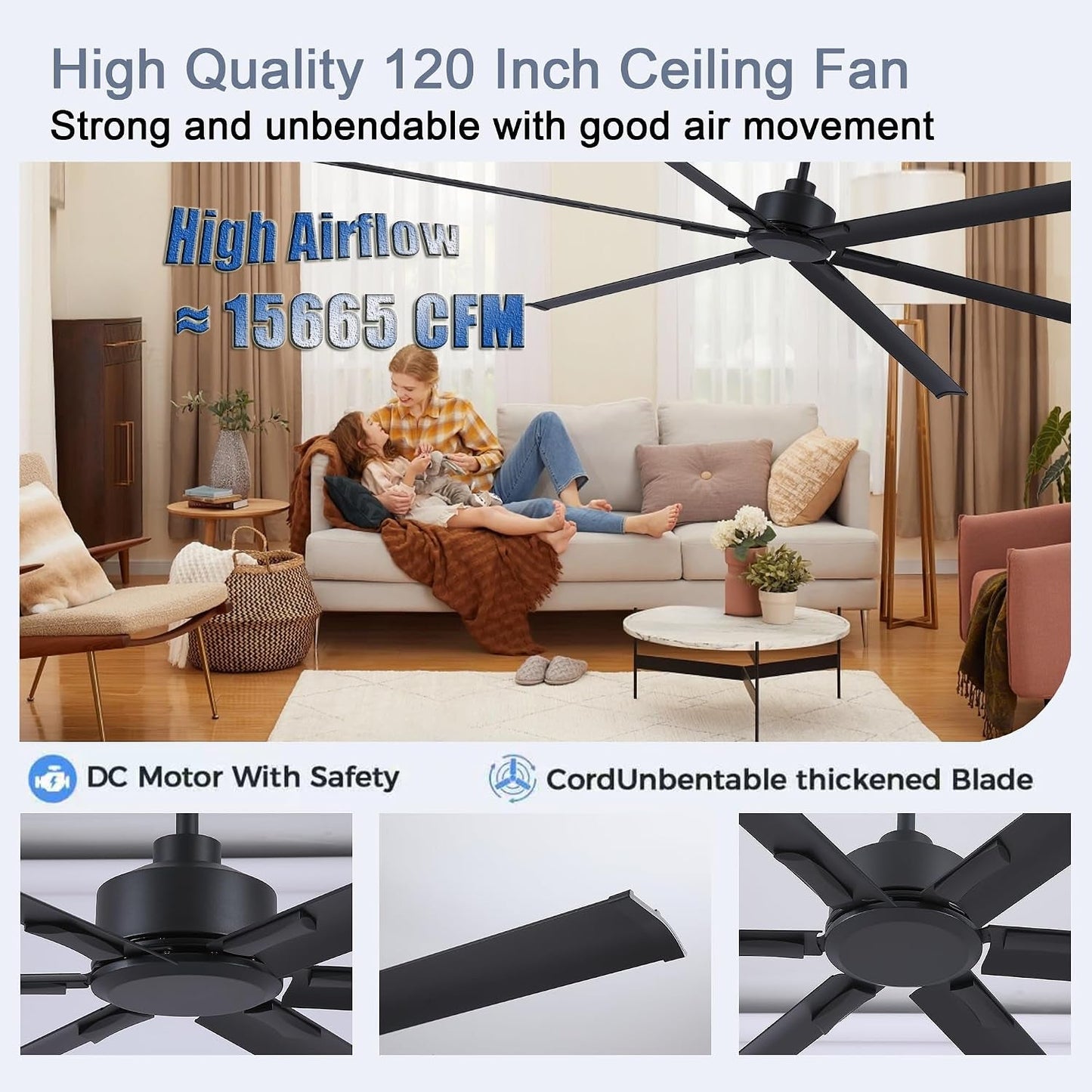 Black 120-Inch Reinforced Multipurpose Ceiling Fan
