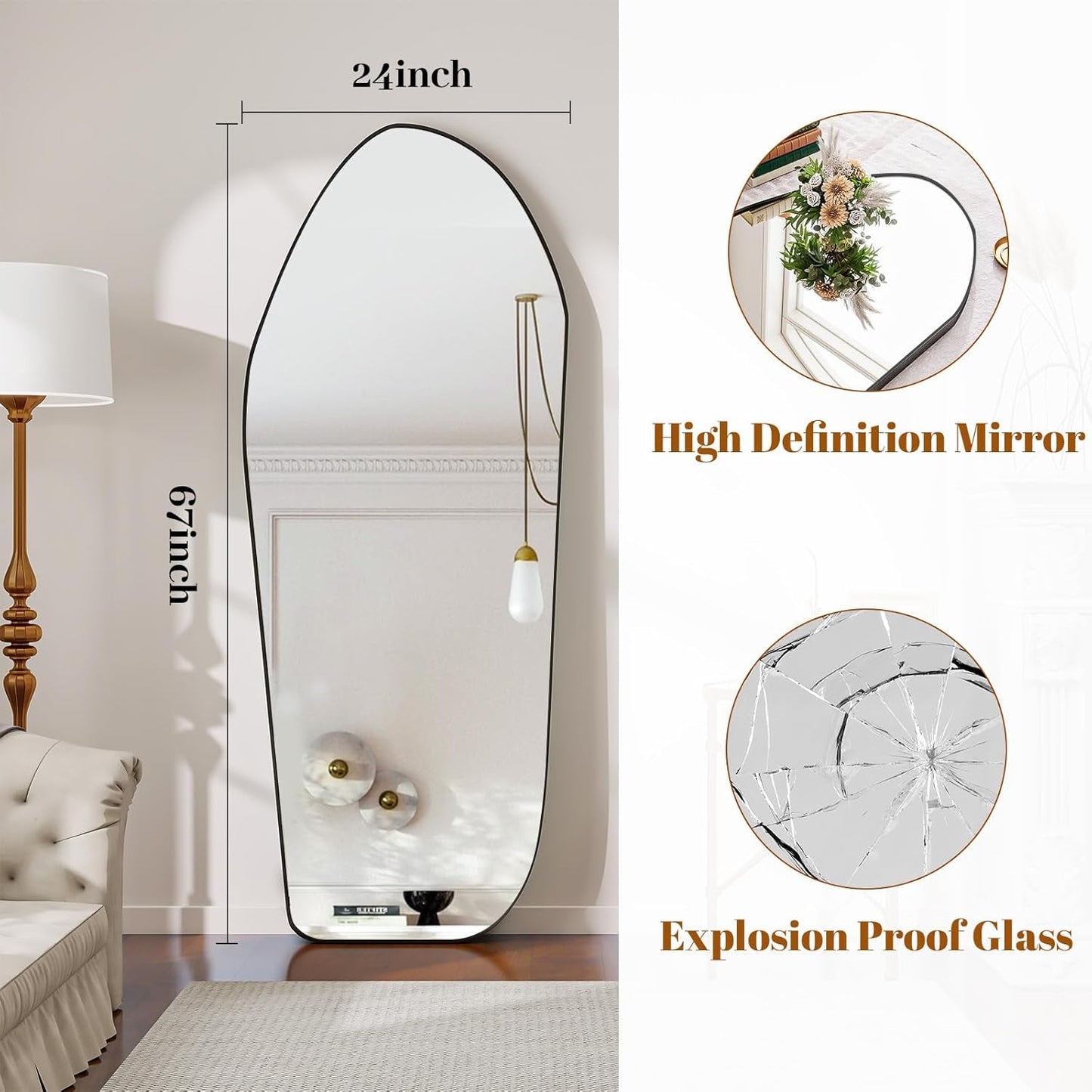 67x24 Oversized Diamond Floor Mirror Black Aluminum