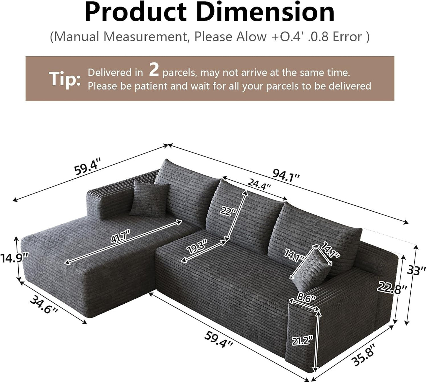 Grey Ninety FiveInch Upholstered Corduroy Sleeper Sofa