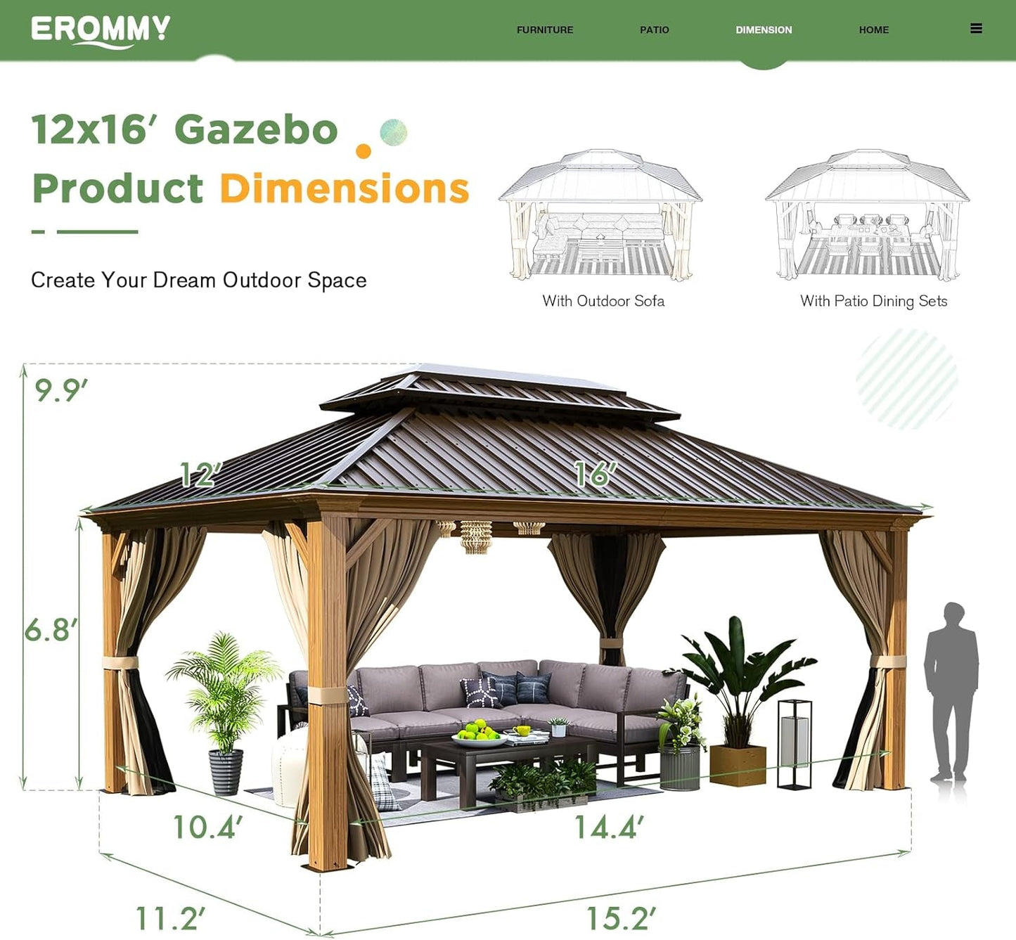 12x16 Weatherproof Aluminum Frame Gazebo Steel Roof