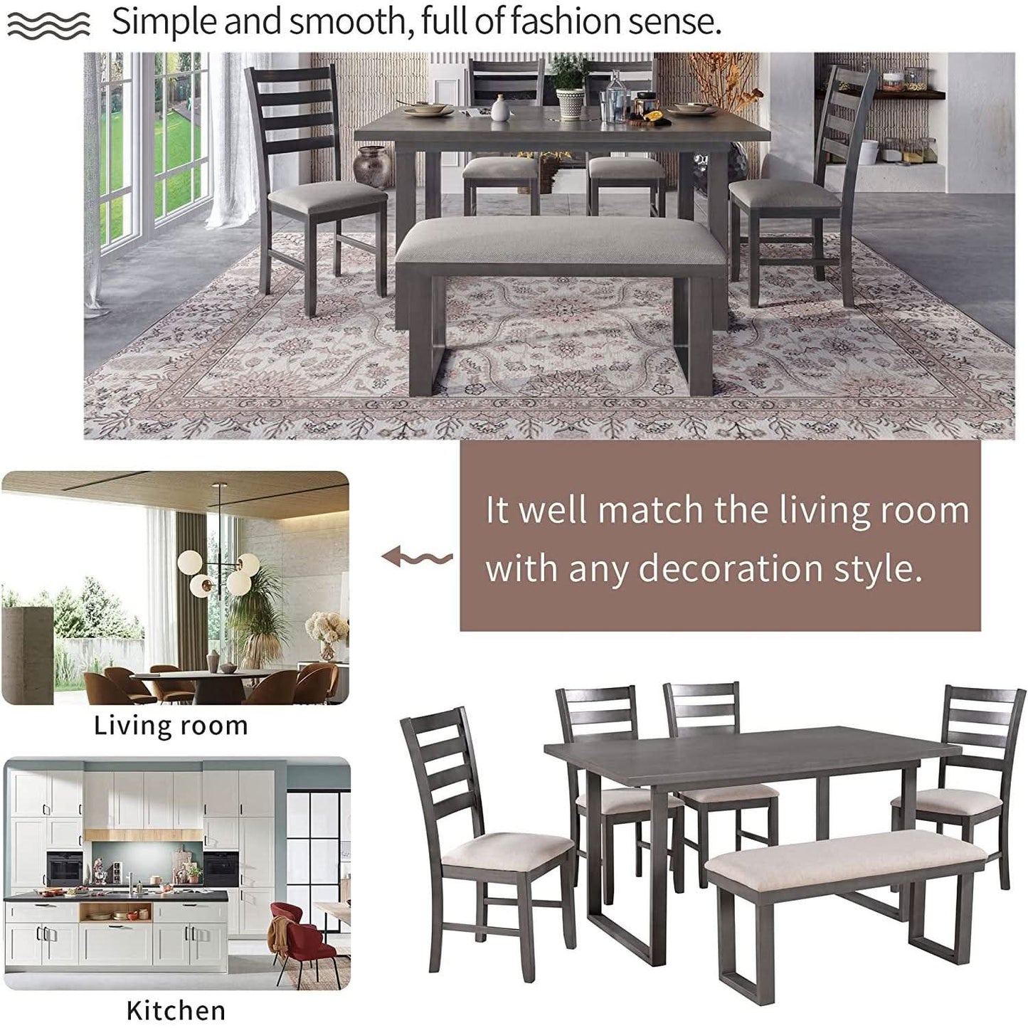 6 Piece Rustic Wood Dining Set With Bench And Chairs