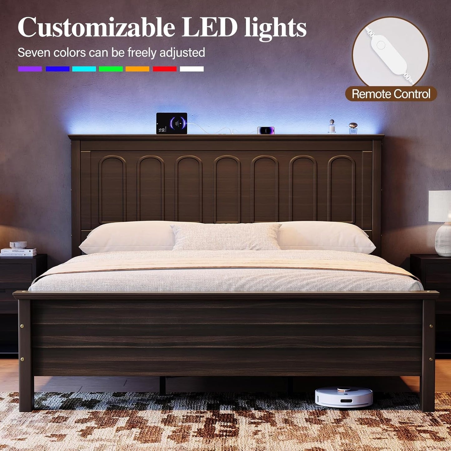 Queen Size Walnut Platform Bed With LEDs