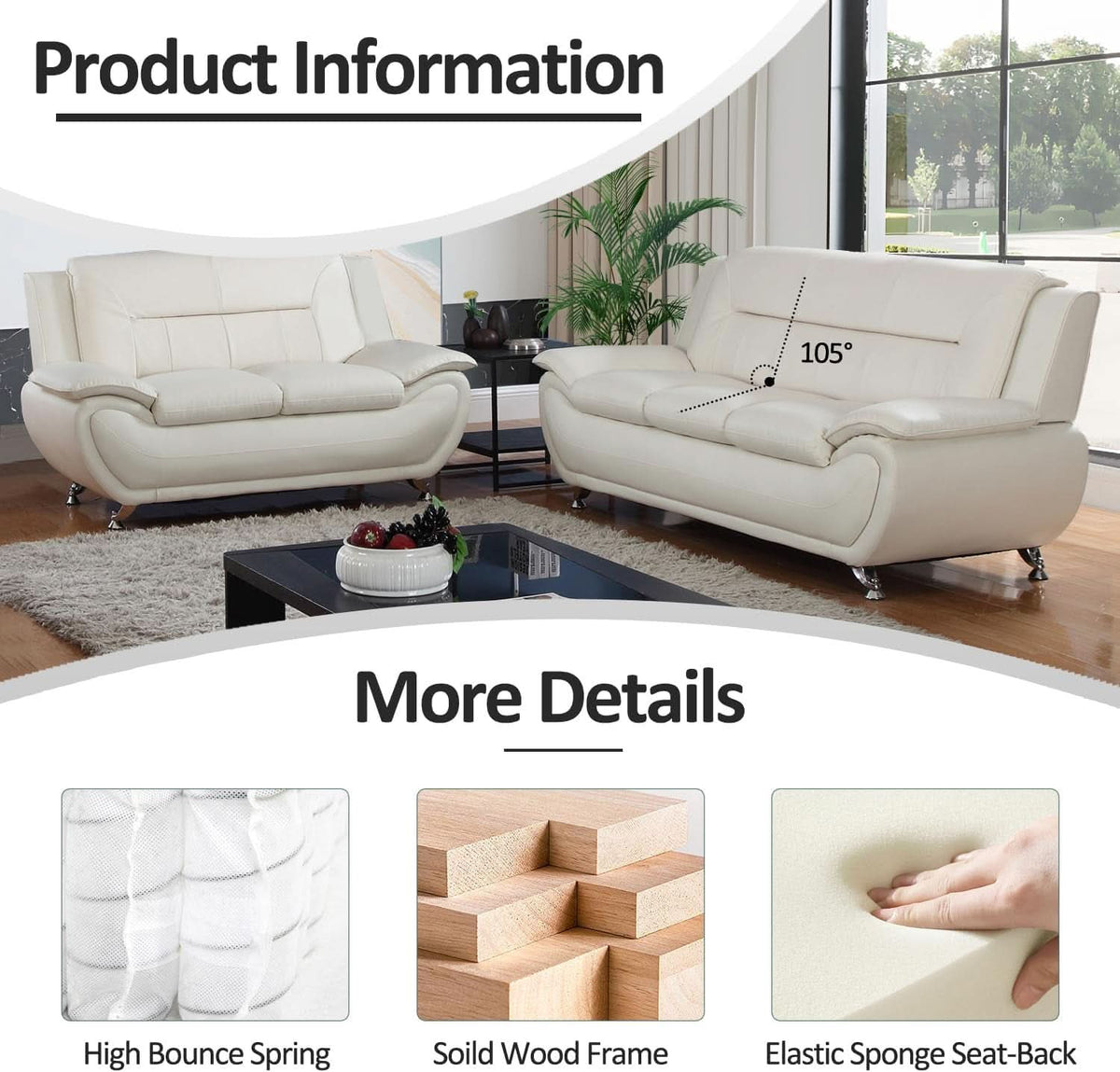 Faux Leather 3 Piece Modern Living Room Sofa Set White