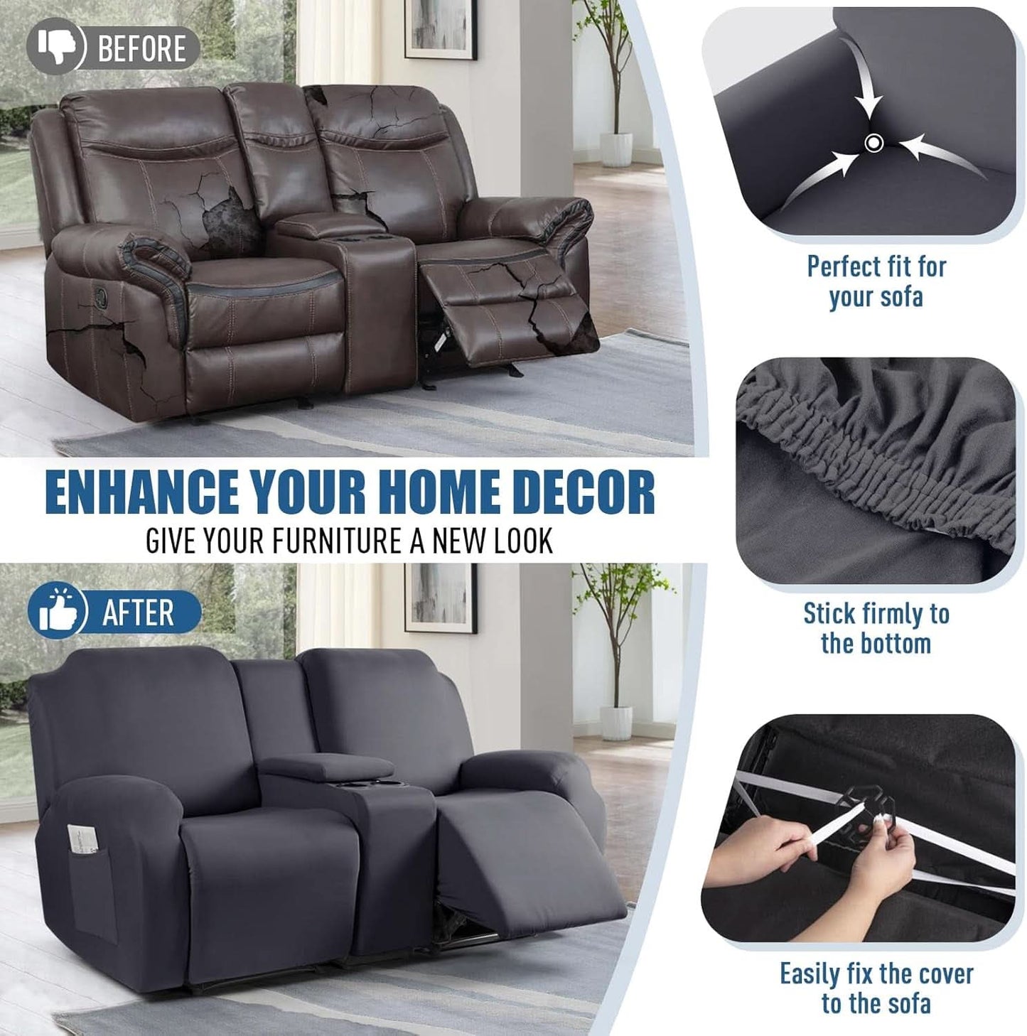 Dark Gray Loveseat Recliner Slipcover With Console