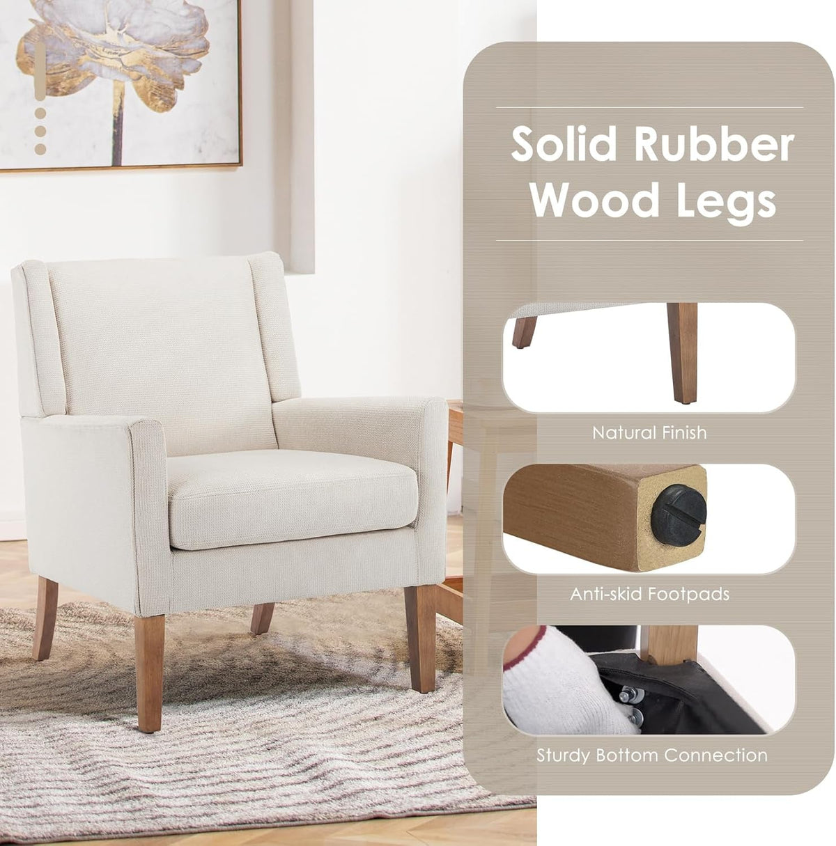Beige Chenille Upholstered Wingback Chair With Wood