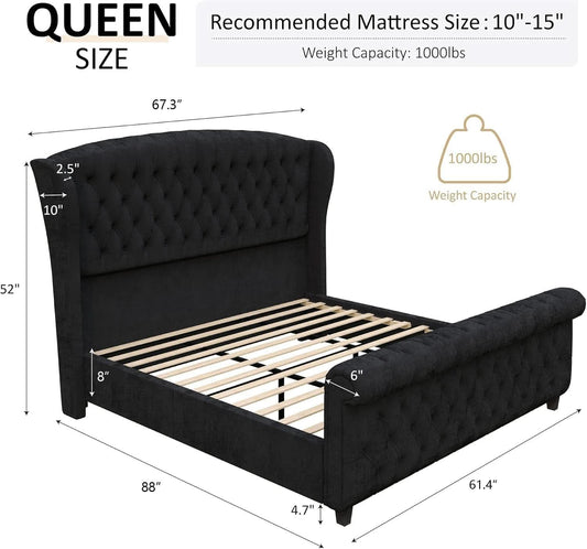 Queen Velvety Platform Bed Frame Black Upholstered