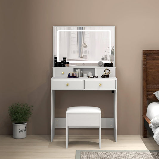 White Vanity Desk Featuring Multifunctional LED Mirror