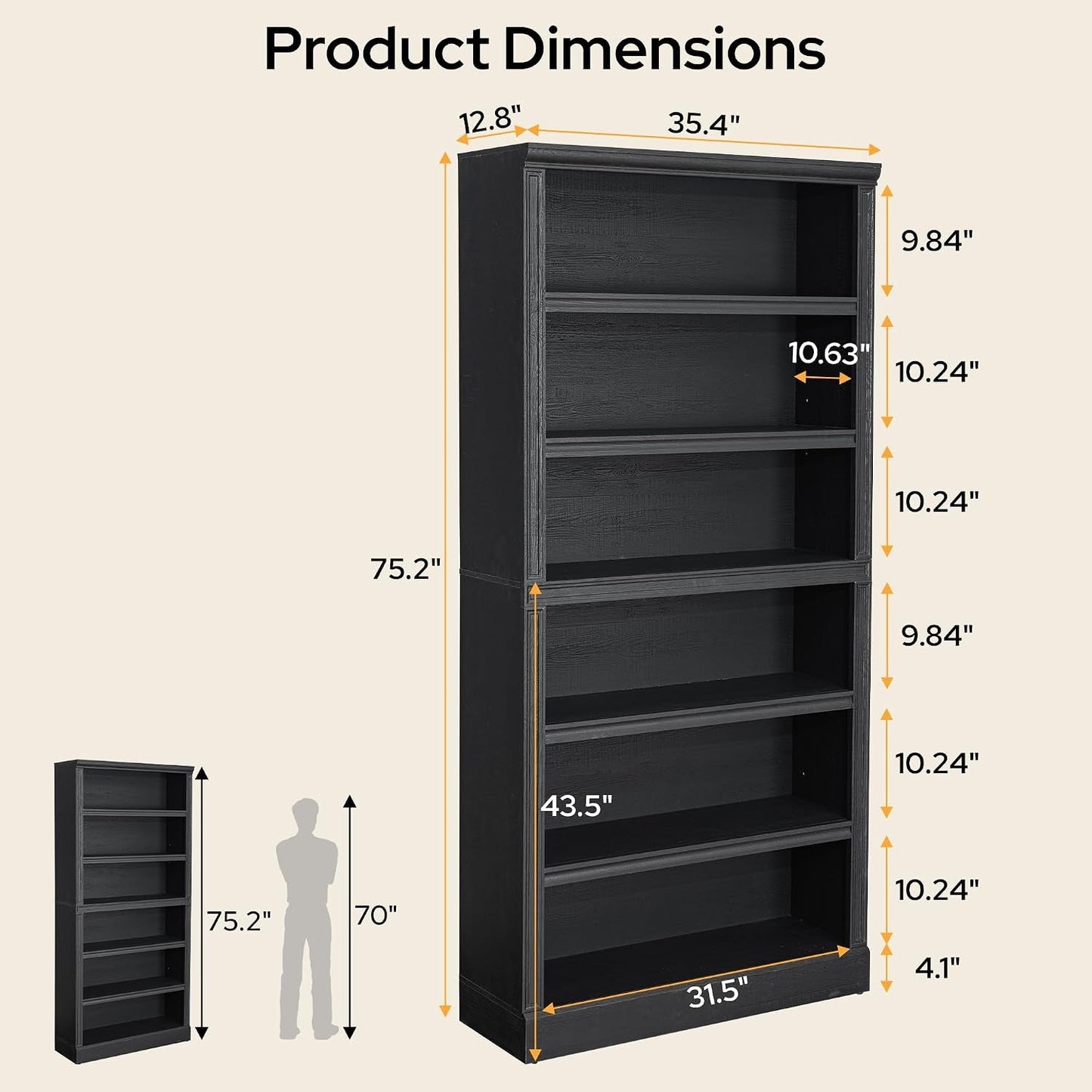 Five Tier Black Finished Wooden Adjustable Bookcase