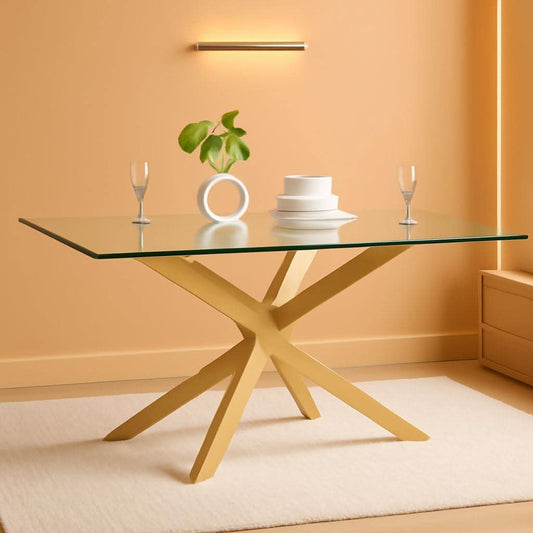 Rectangular Tempered Glass Dining Table Gold Finish