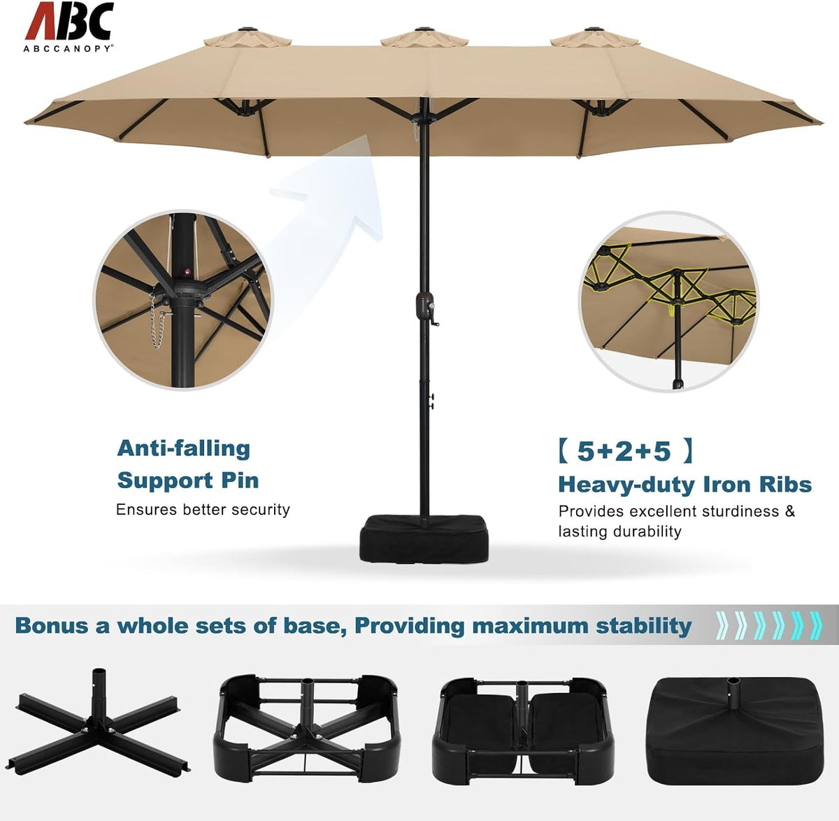 Fifteen Foot Patio Umbrella Khaki Outdoor Poolside Base