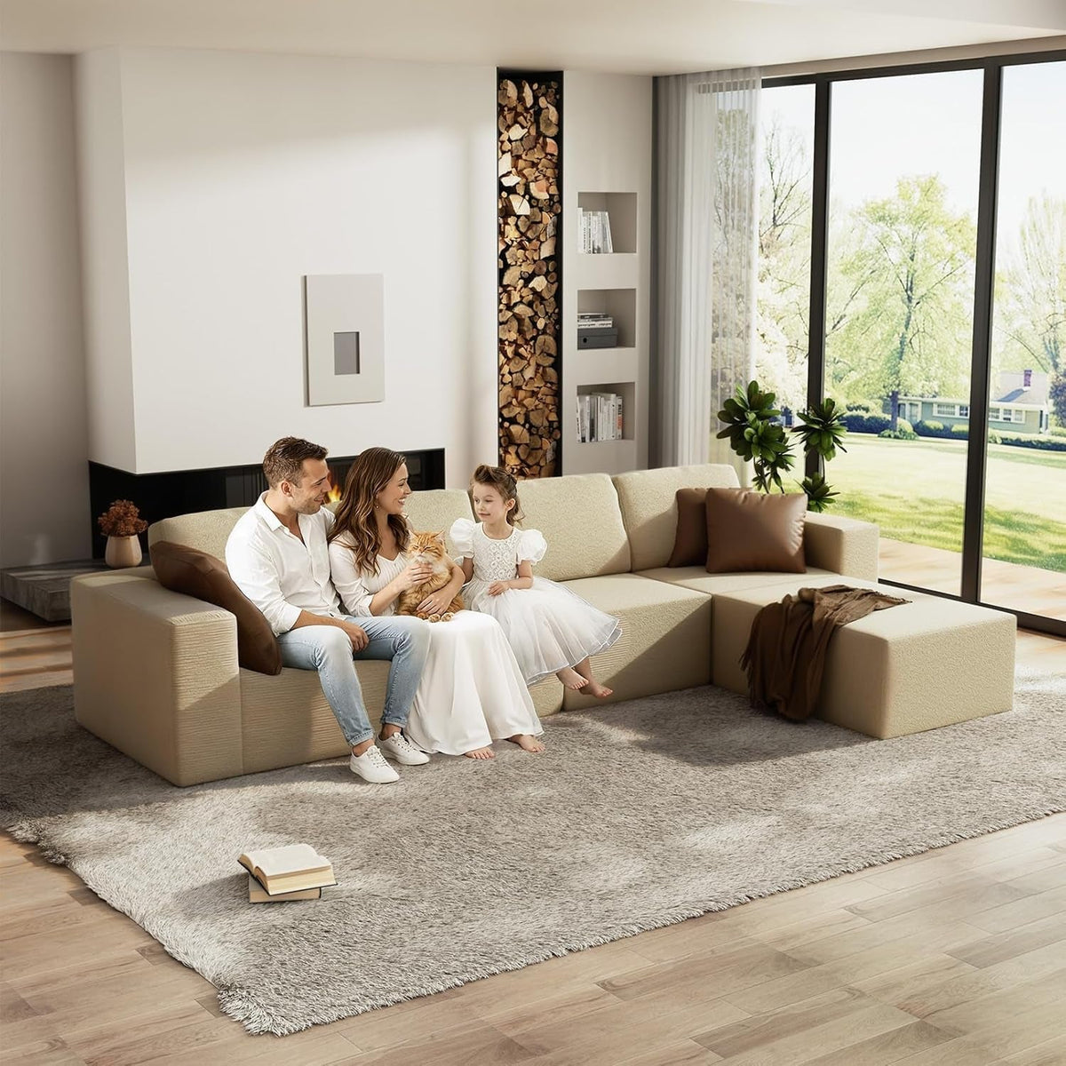 136Inch Modular L Shaped Sectional Sofa BeigeBoucle-1
