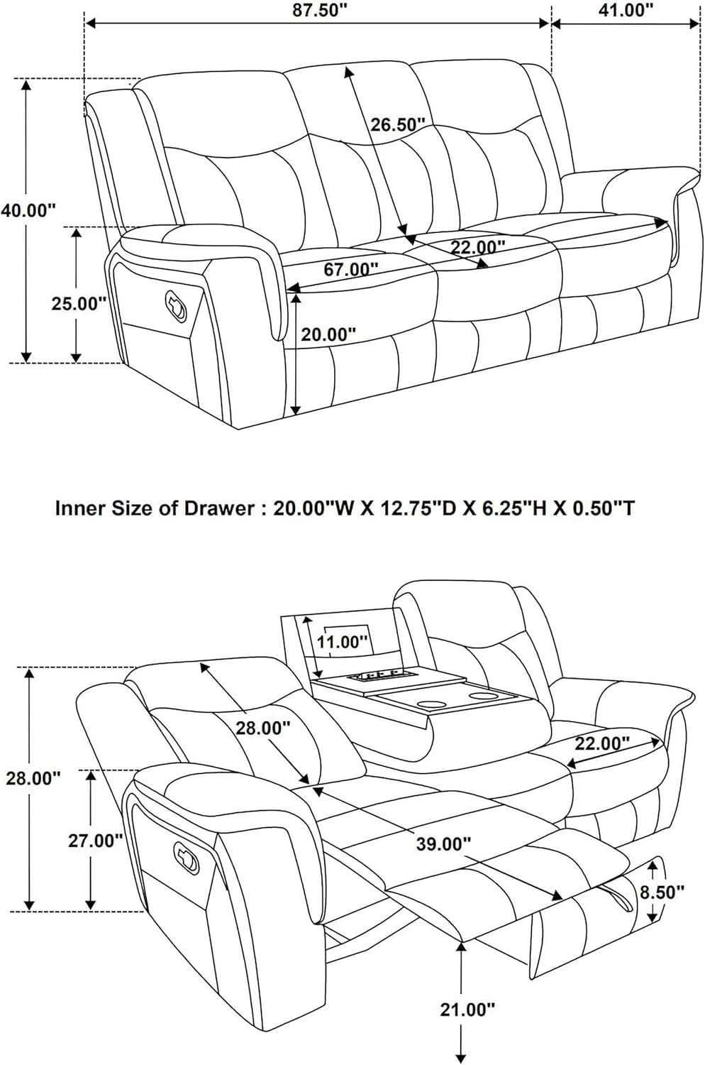 Charcoal Upholstered Reclining Sofa With Power Outlet