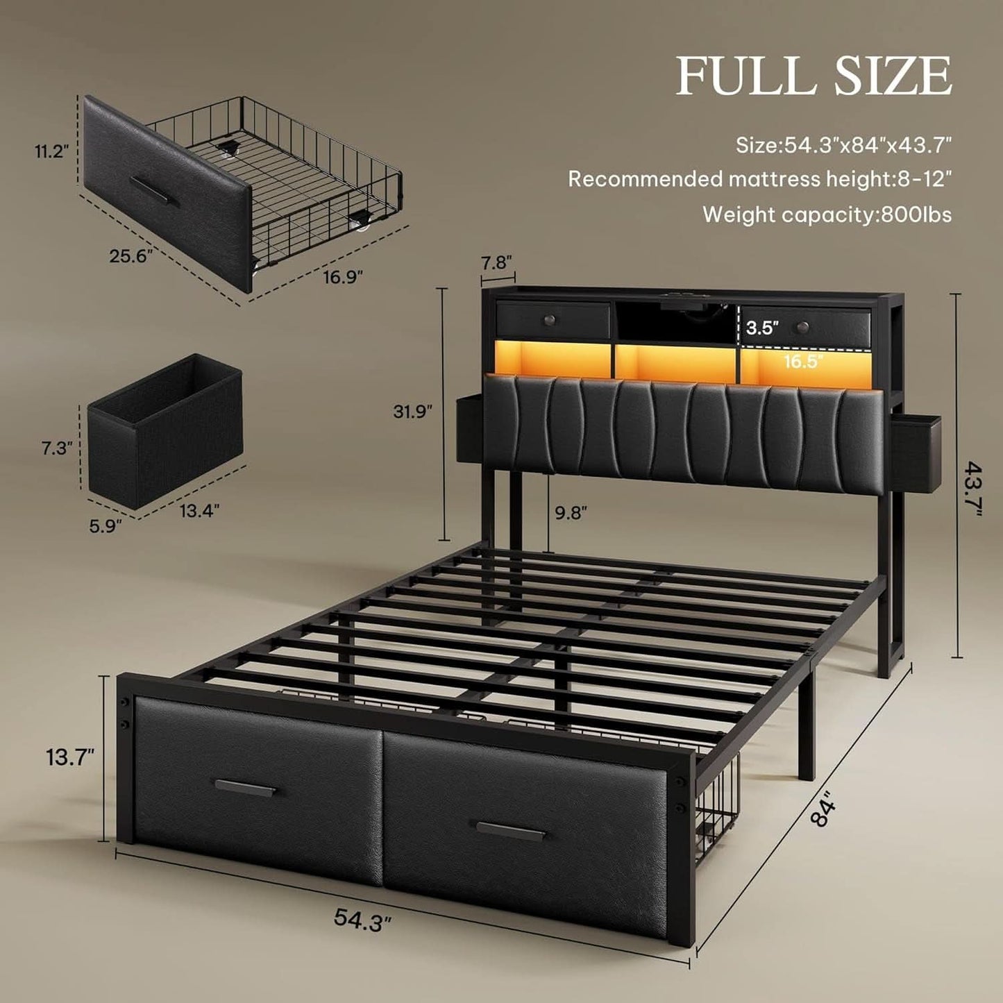 Full Size Upholstered Bed With Integrated Charging