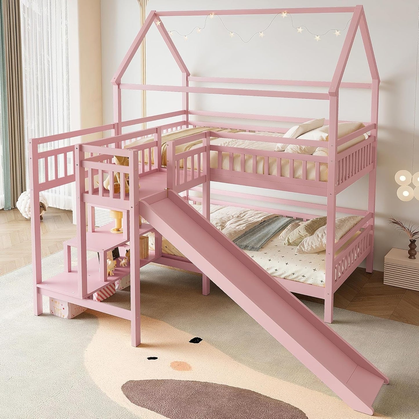 Pink Full Over Full Bunk Bed Playhouse With Stairs Storage