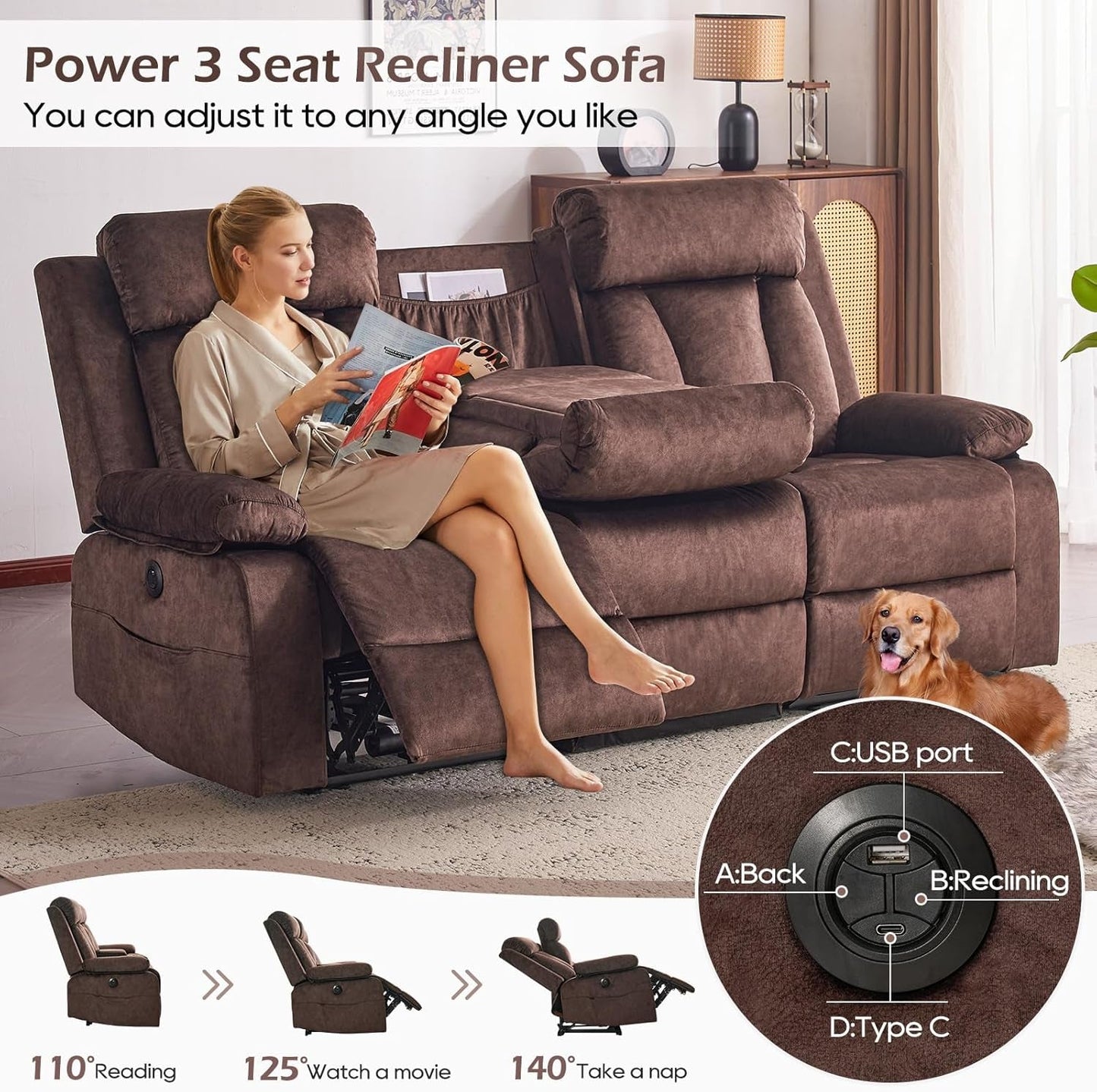 Power Reclining Sofa With Therapeutic Massage Heat
