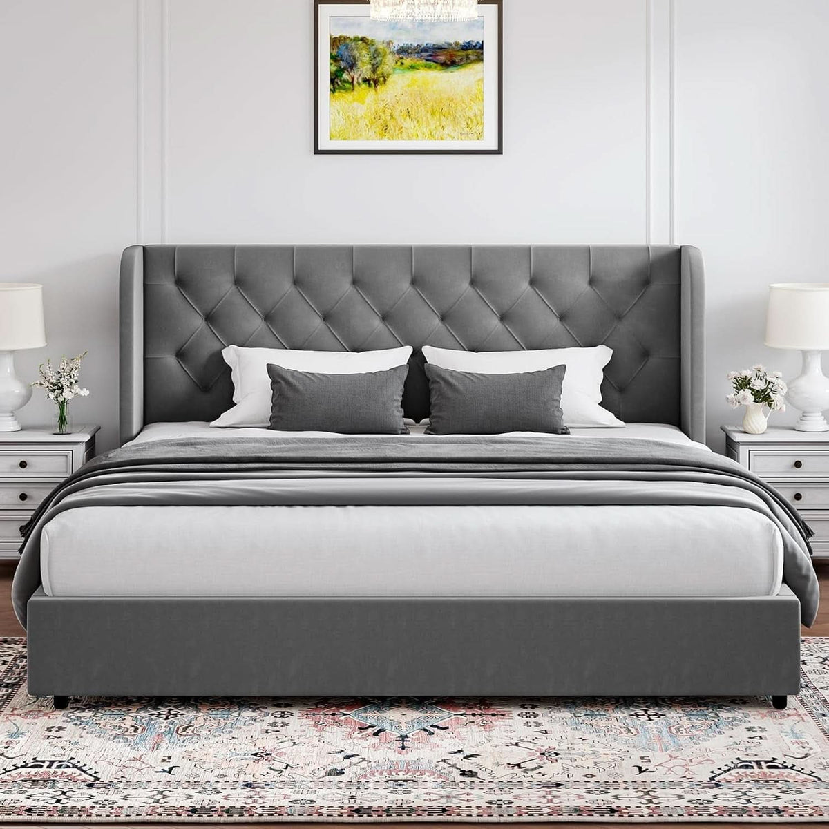 Grey VelvetLux Upholstered King Bed Frame Wing back