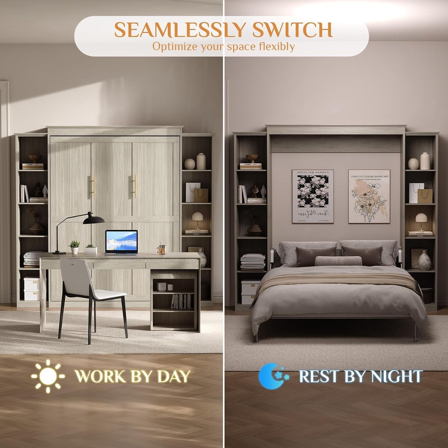 Queen Murphy Bed Cabinet Grey Space-Saving Solution