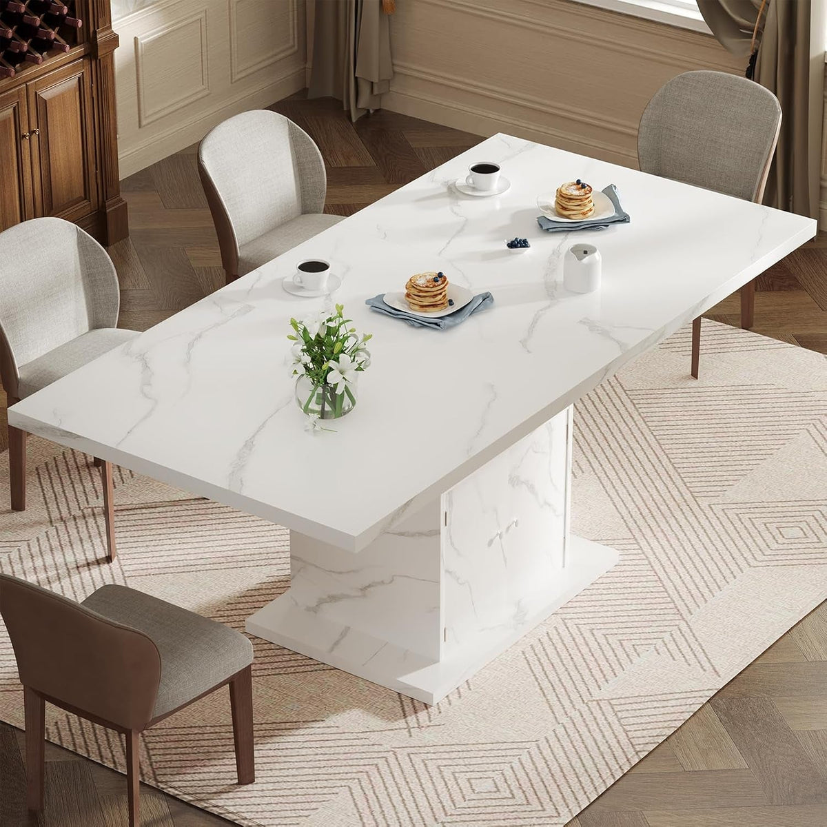 White Extendable Faux Marble Rectangular Dining Table