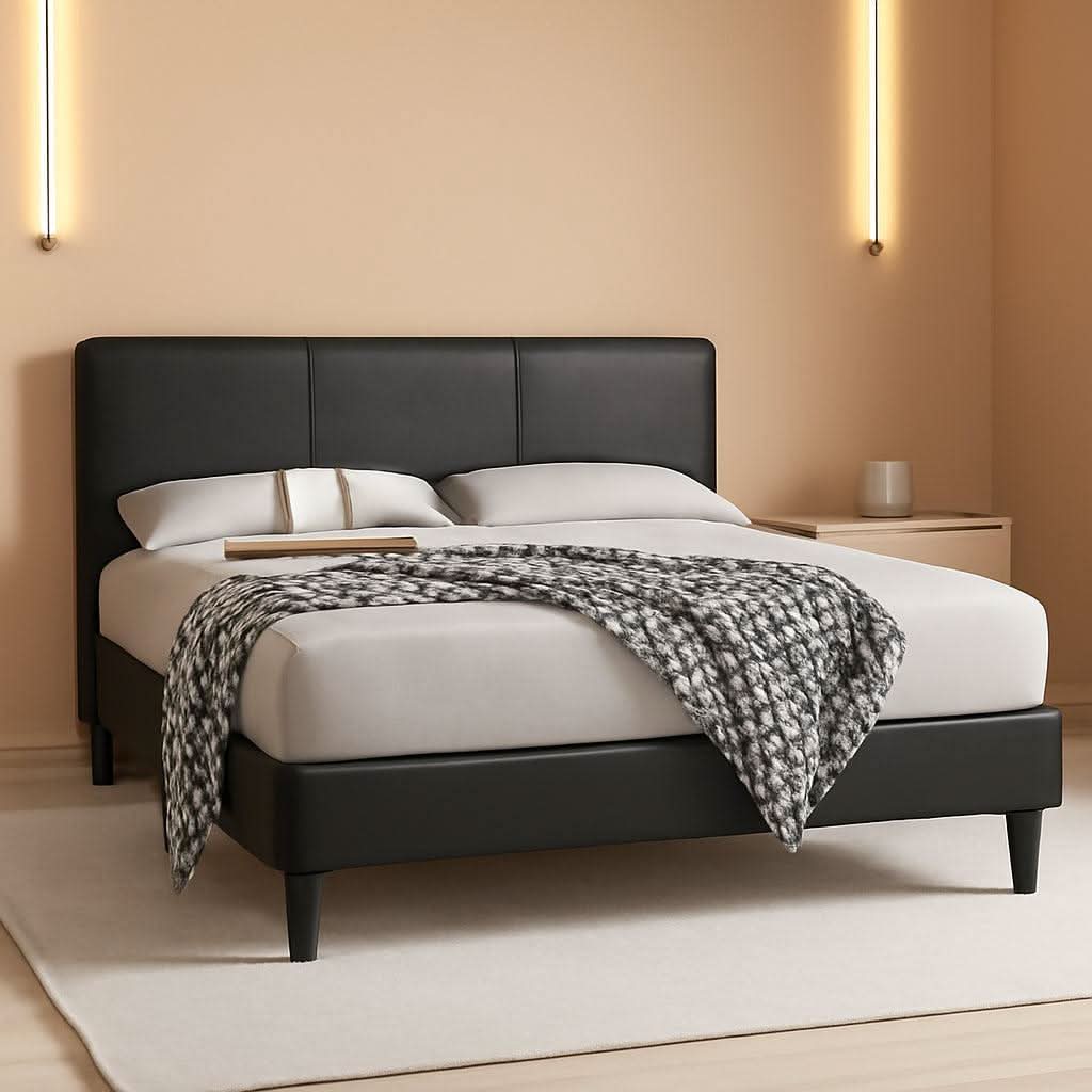 Queen Faux Leather Platform Bed Frame With Wood Slats