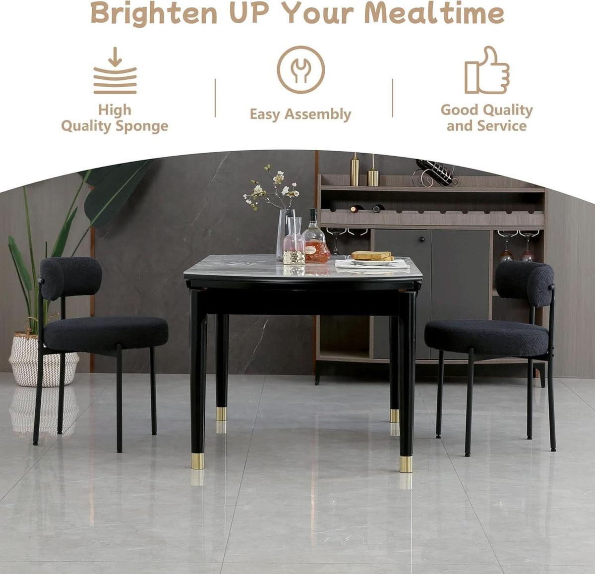 Black Boucle Upholstered Dining Chairs CurvedBack Set