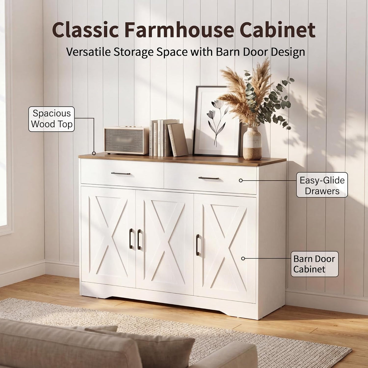 White 42 Inch Farmhouse Barn Door Sideboard Cabinet