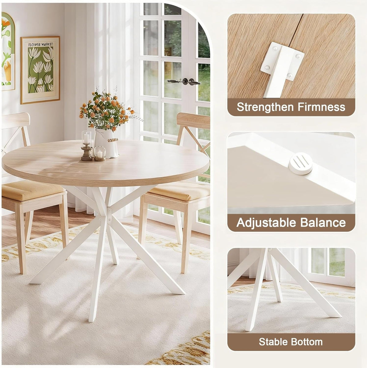 Natural Oak Round Dining Table With Rounded Edges For Four 47.2Inch
