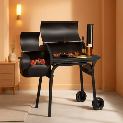 Charcoal Barbecue Grill Offset Smoker Black Wheels