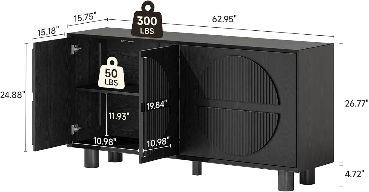 Black Fluted Buffet Cabinet With Storage Compartments