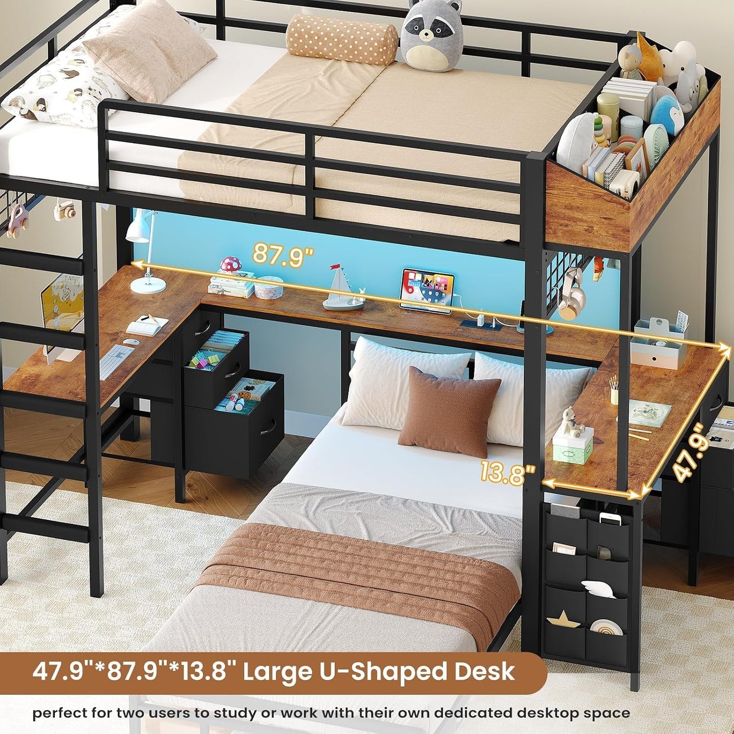 Black Industrial Twin Bunk Bed Desk BuiltIn Storage Drawers