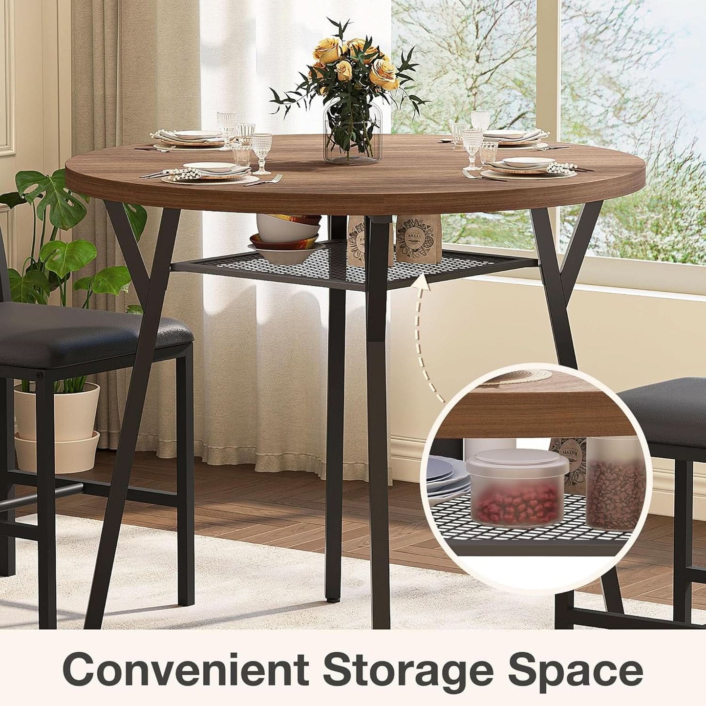 Round Dining Table Set For Four Walnut Wood Finish Metal