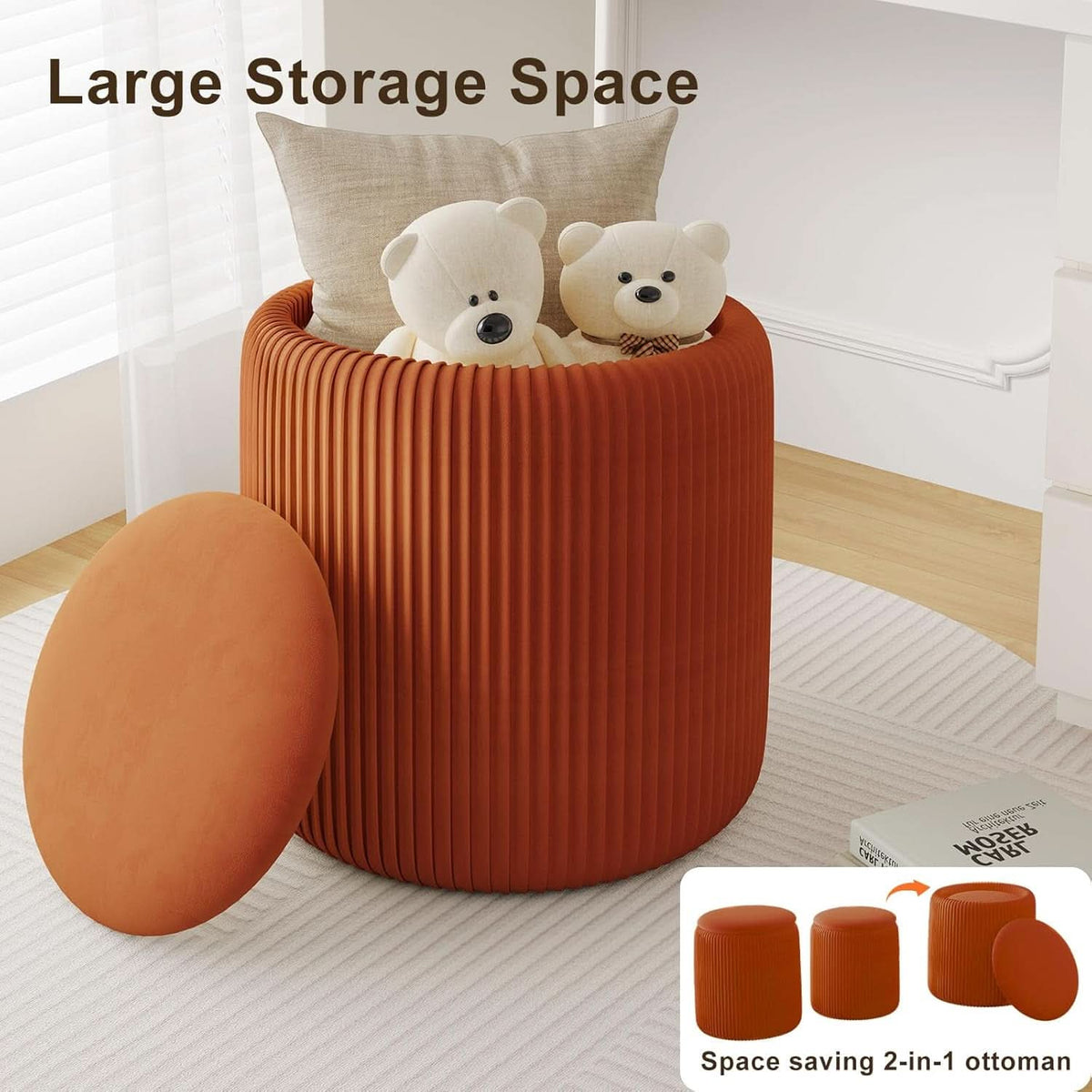 Two Orange Velvet Round Storage Ottoman Multifunction