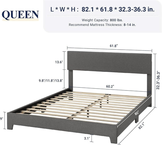 Queen Bed Frame With Adjustable Headboard Upholstered