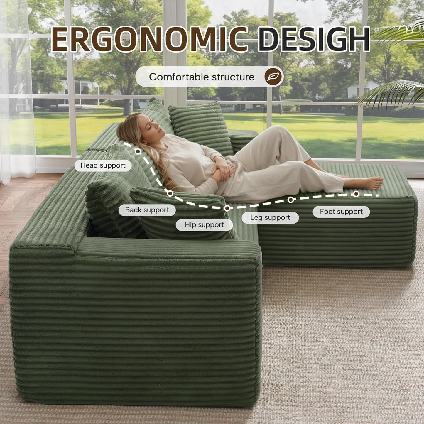 Green 106Inch Modular Sectional Sofa Luxurious Living