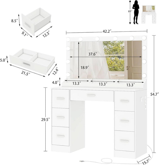 White Vanity Desk With Adjustable Illuminated Mirror