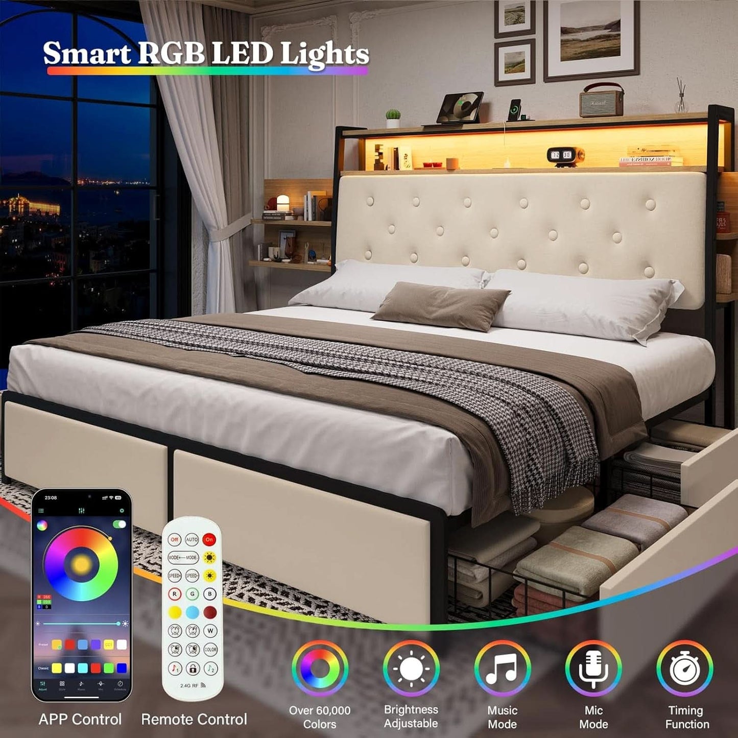 Beige Velvet Platform Bed Frame With Storage Drawers Included