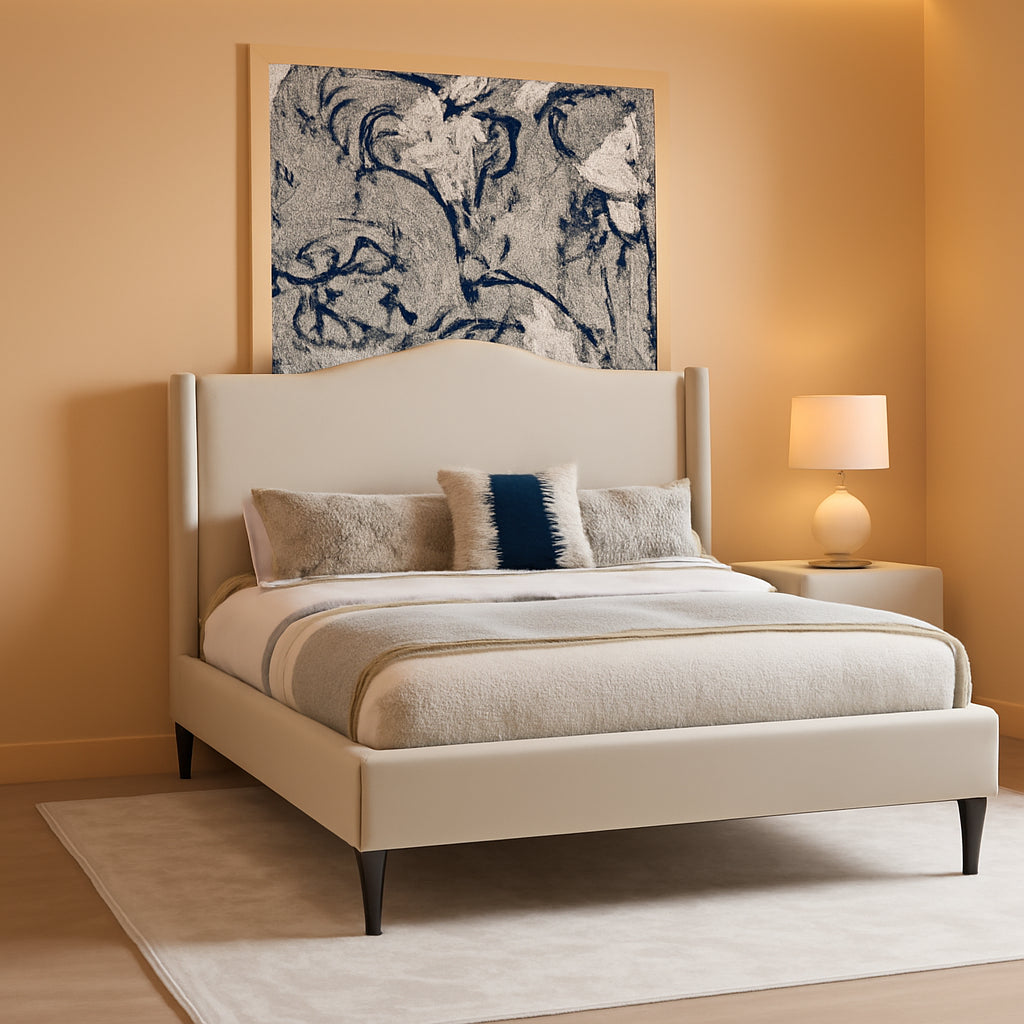 King Size Beige Upholstered Platform Bed Headboard