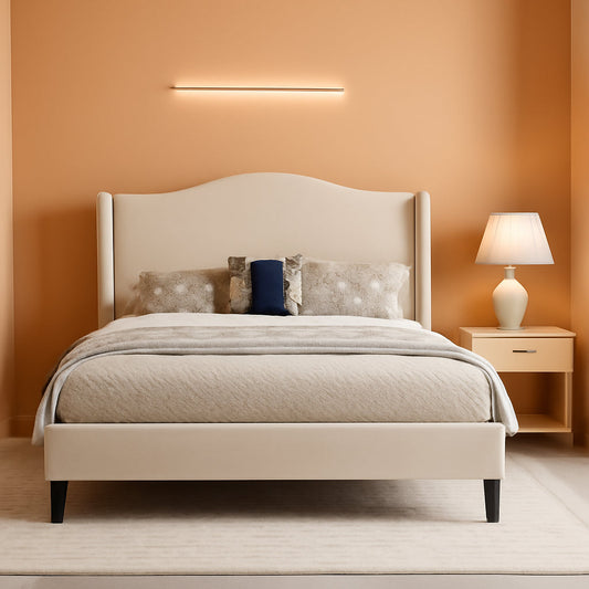 Queen Size Upholstered Platform Bed Beige Wing back