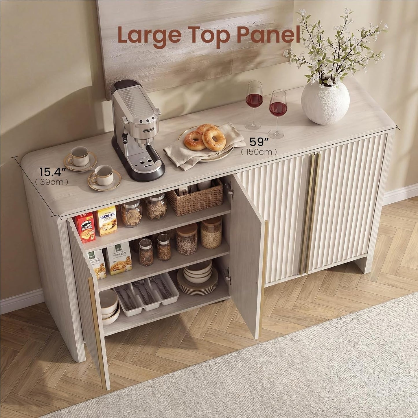 White Fluted Sideboard Buffet Cabinet With Storage-4