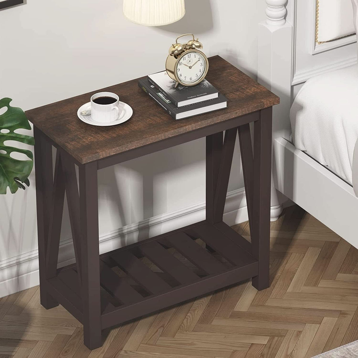 Espresso Narrow End Table With Shelf 23.6 Inch Rustic