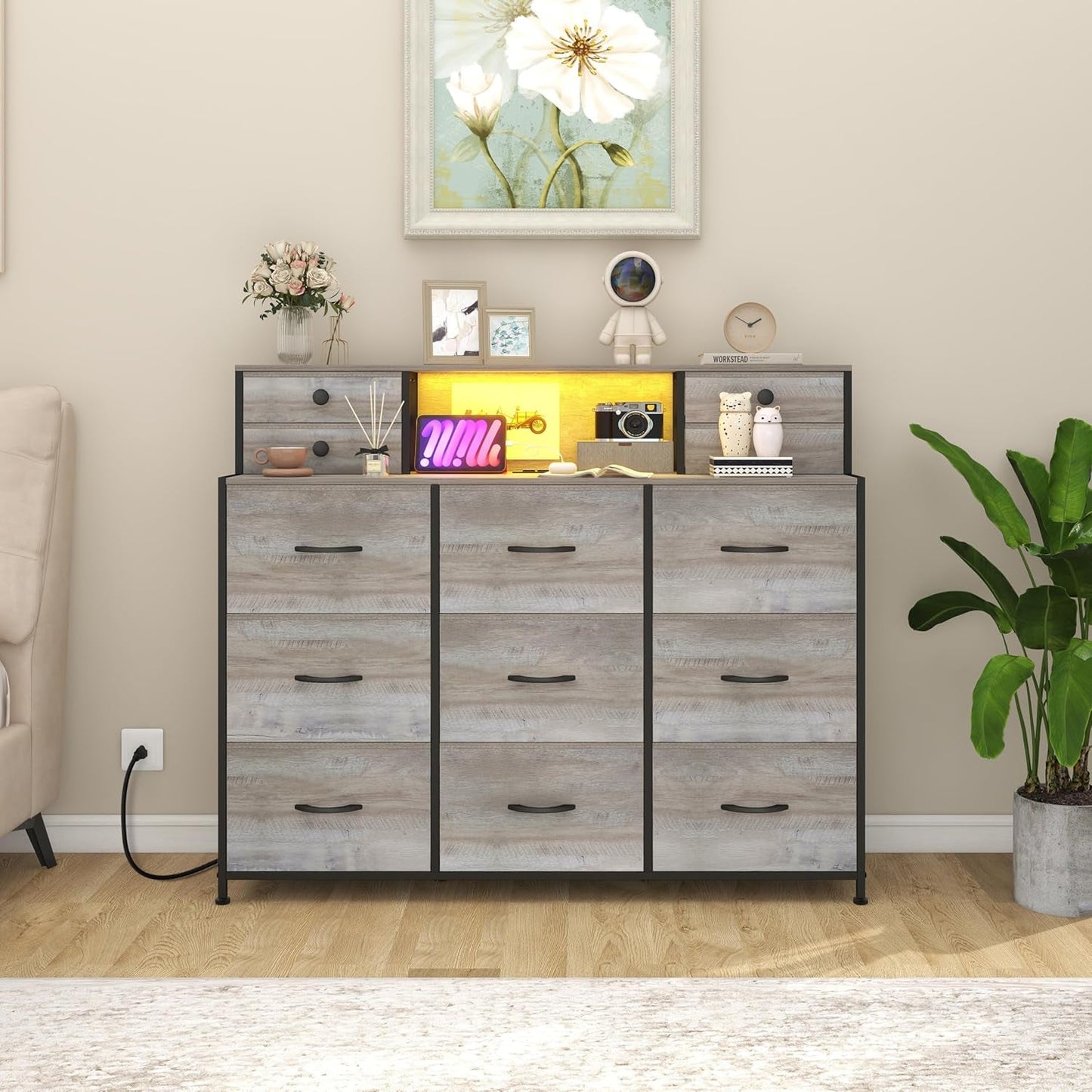 Charcoal Long Dresser With Integrated Power Outlets