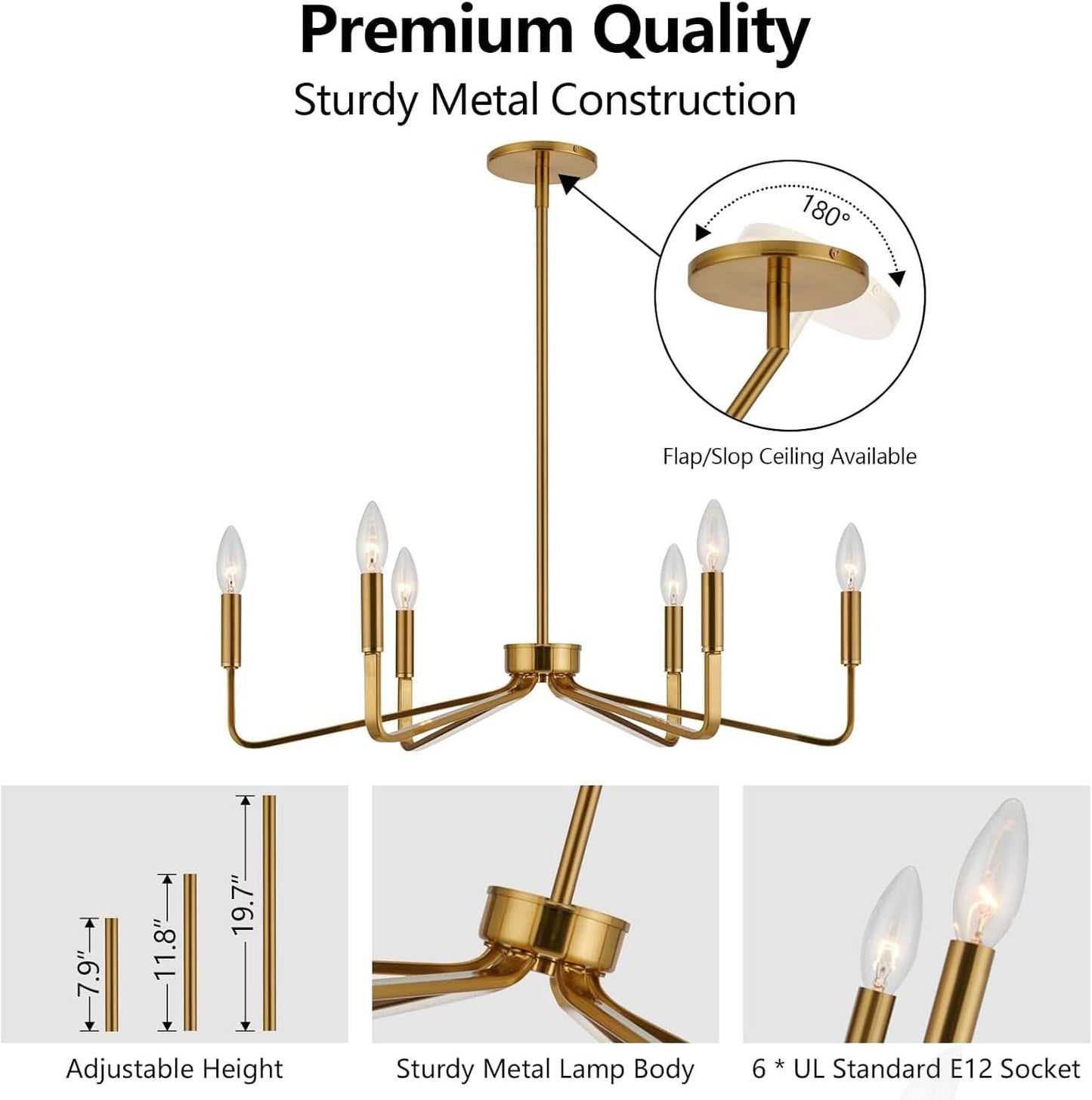 Brushed Brass Six Light Ceiling Mounted Chandelier Fixture