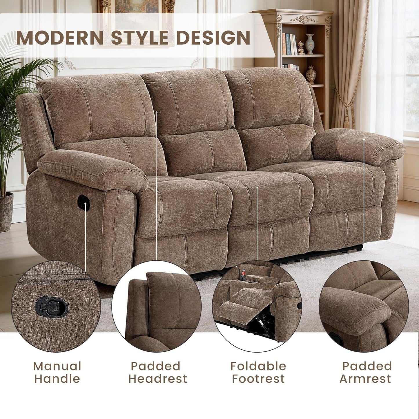 Khaki Ultrafabric Cloudlike Recliner Sofa With Console