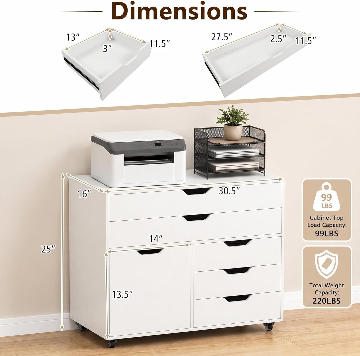 Rolling File Cabinet Five Drawers White Organizer Pro