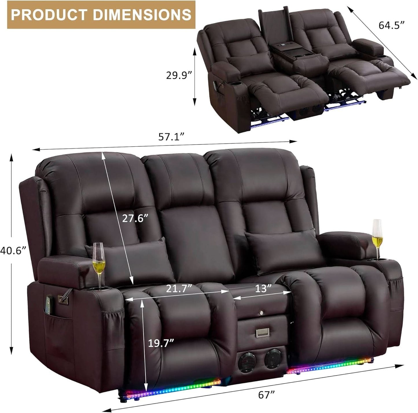 Dark Brown Power Reclining Loveseat Heated Massage
